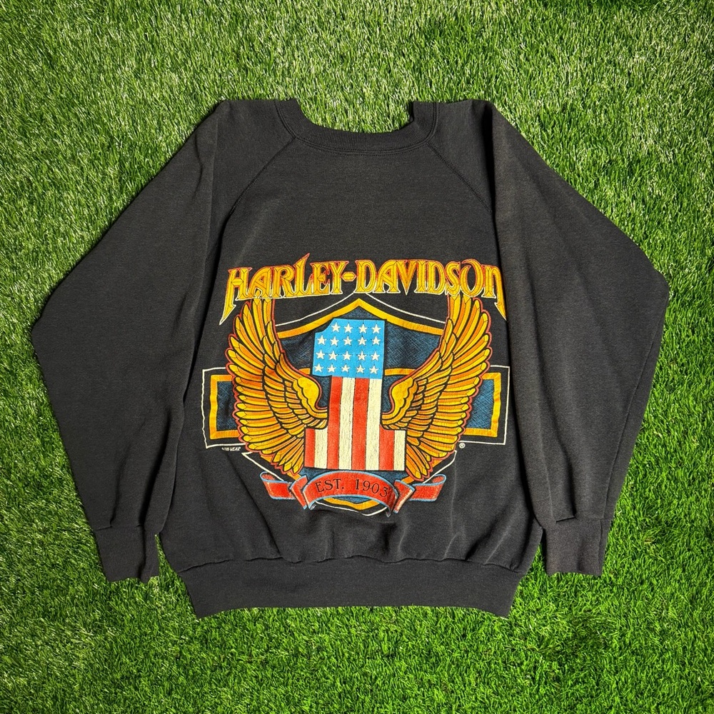RARE 1970s Champion x Harley Davidson Raglan Stitch Graphic Crewneck Sweatshirt